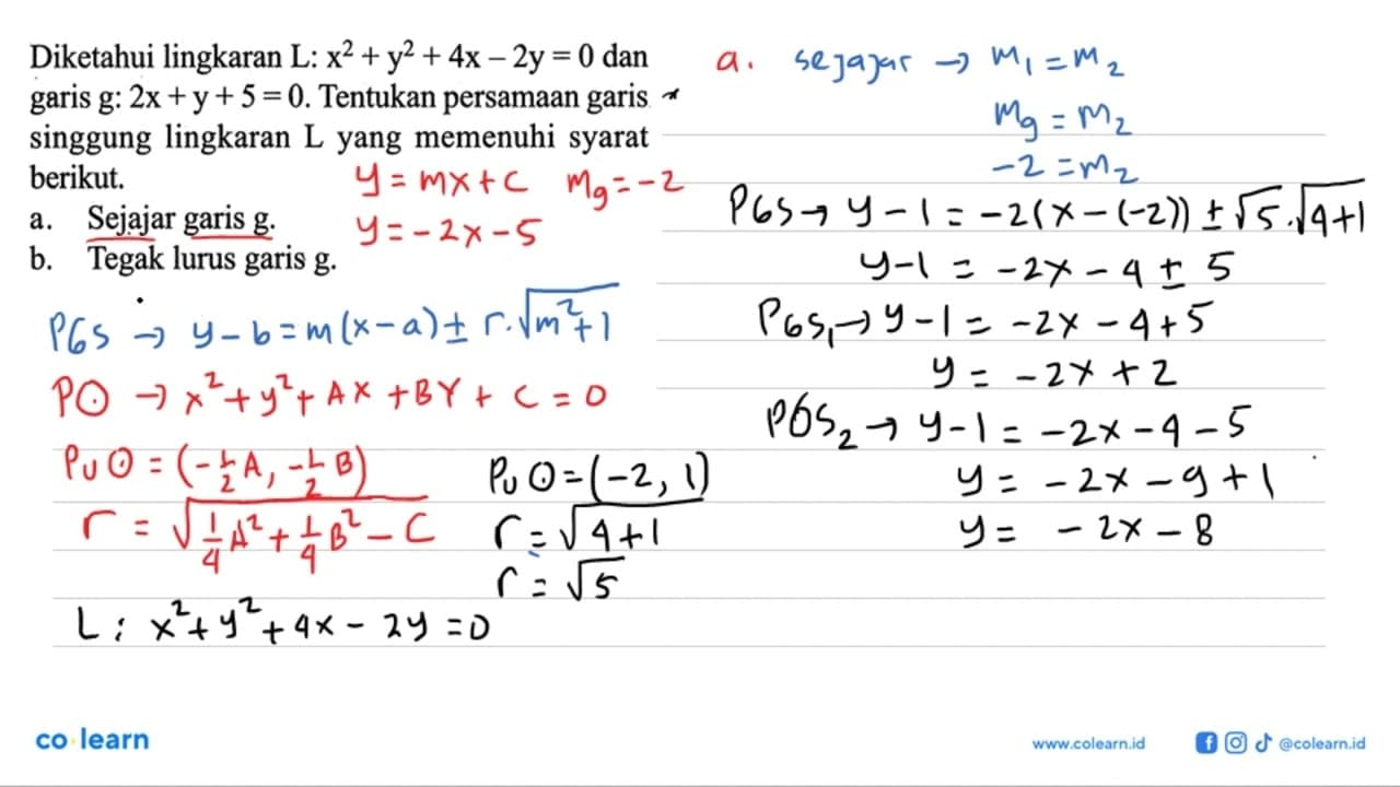 Diketahui lingkaran L: x^2+y^2+4 x-2 y=0 dan garis g: 2