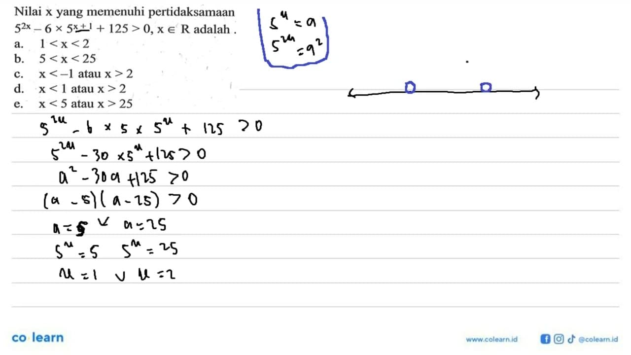 Nilai x yang memenuhi pertidaksamaan 5^2x-6x^(x+1)+125>0, x