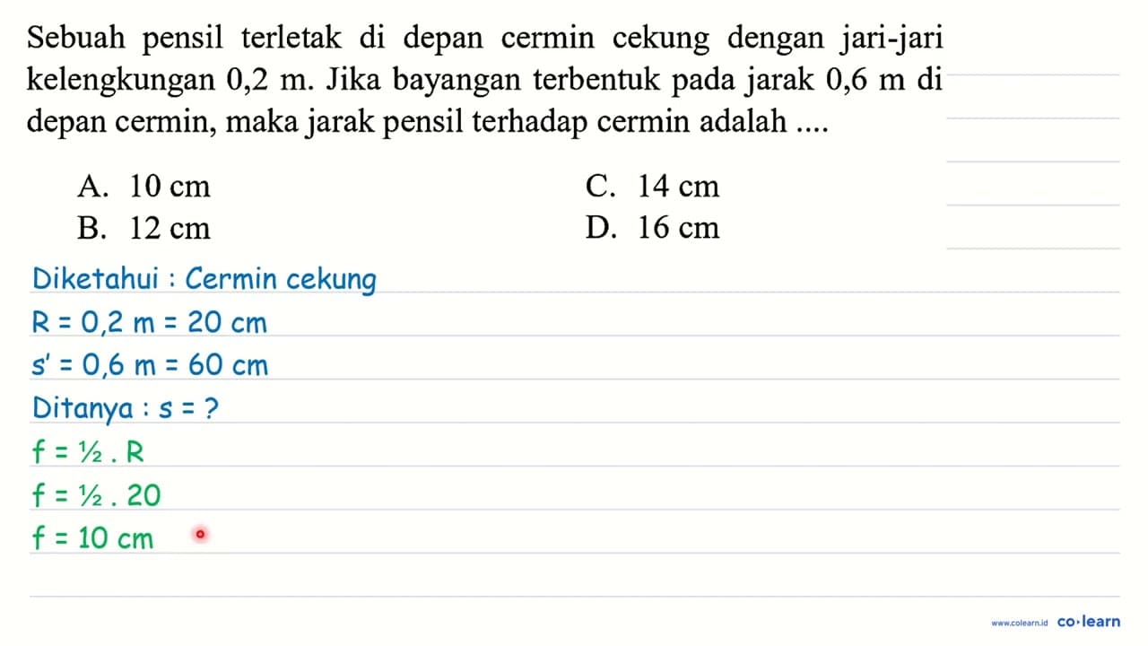 Sebuah pensil terletak di depan cermin cekung dengan