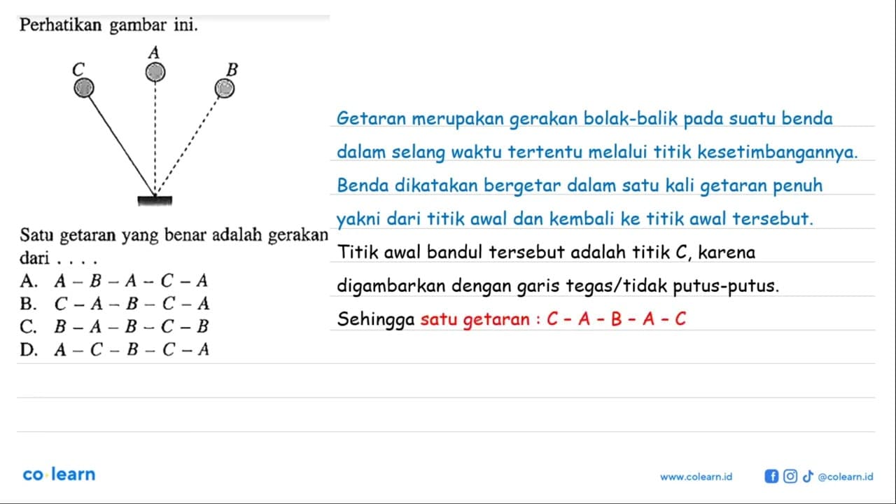 Perhatikan gambar ini. C A B Satu getaran yang benar adalah