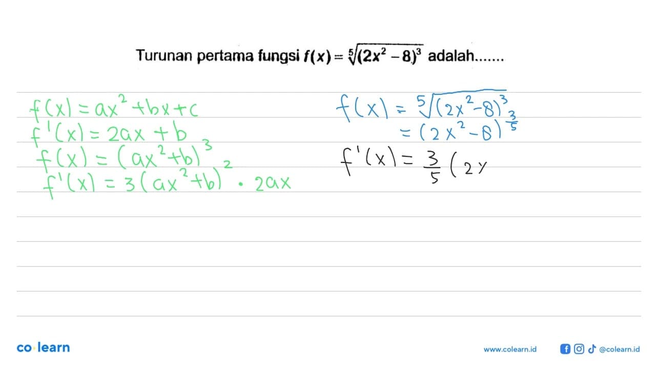 Turunan pertama fungsi f(x)=(2 x^2-8)^(3/5) adalah........