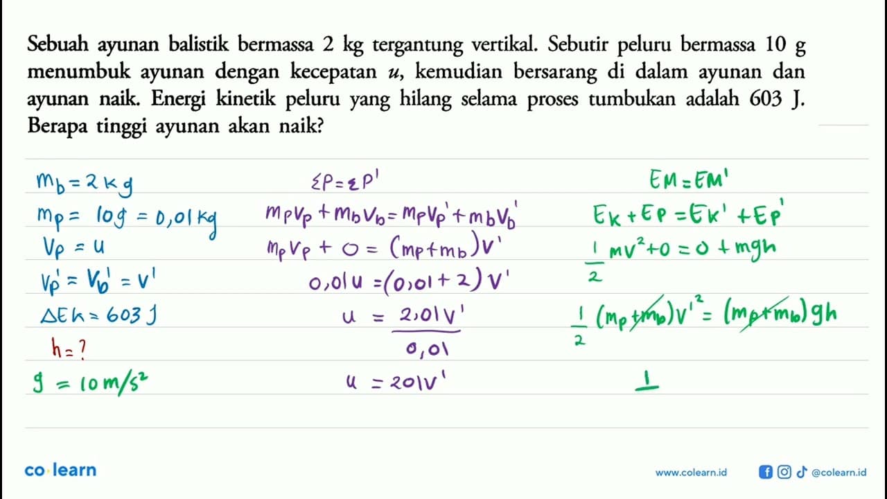 Sebuah ayunan balistik bermassa 2 kg tergantung vertikal.