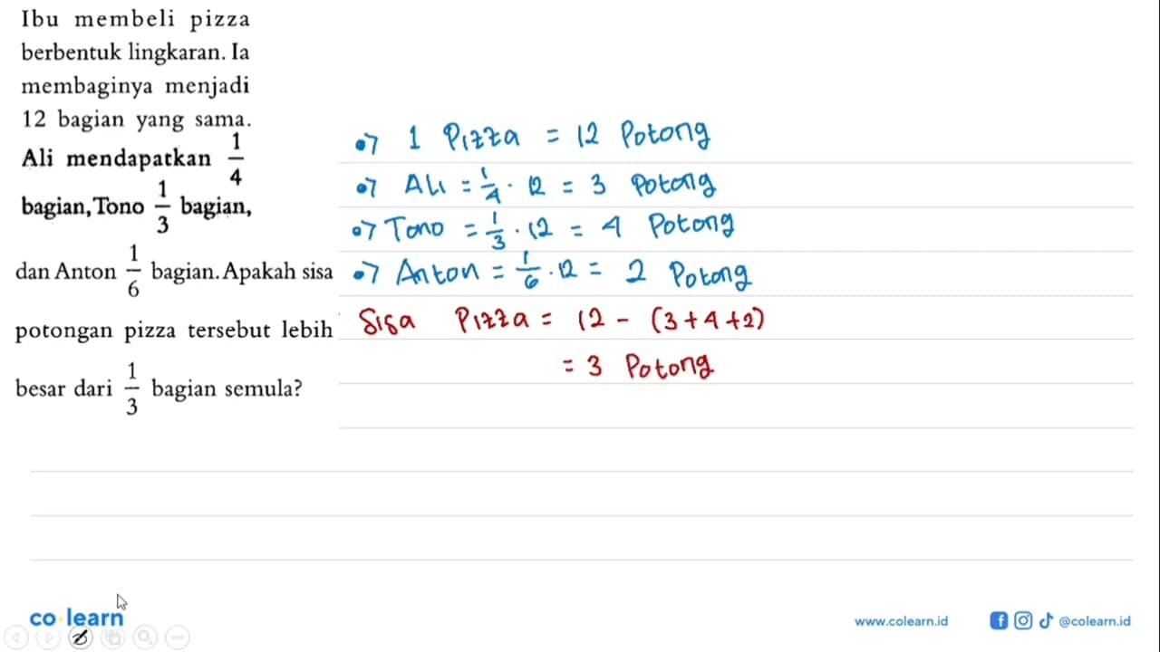 Ibu membeli pizza berbentuk lingkaran. Ia membaginya