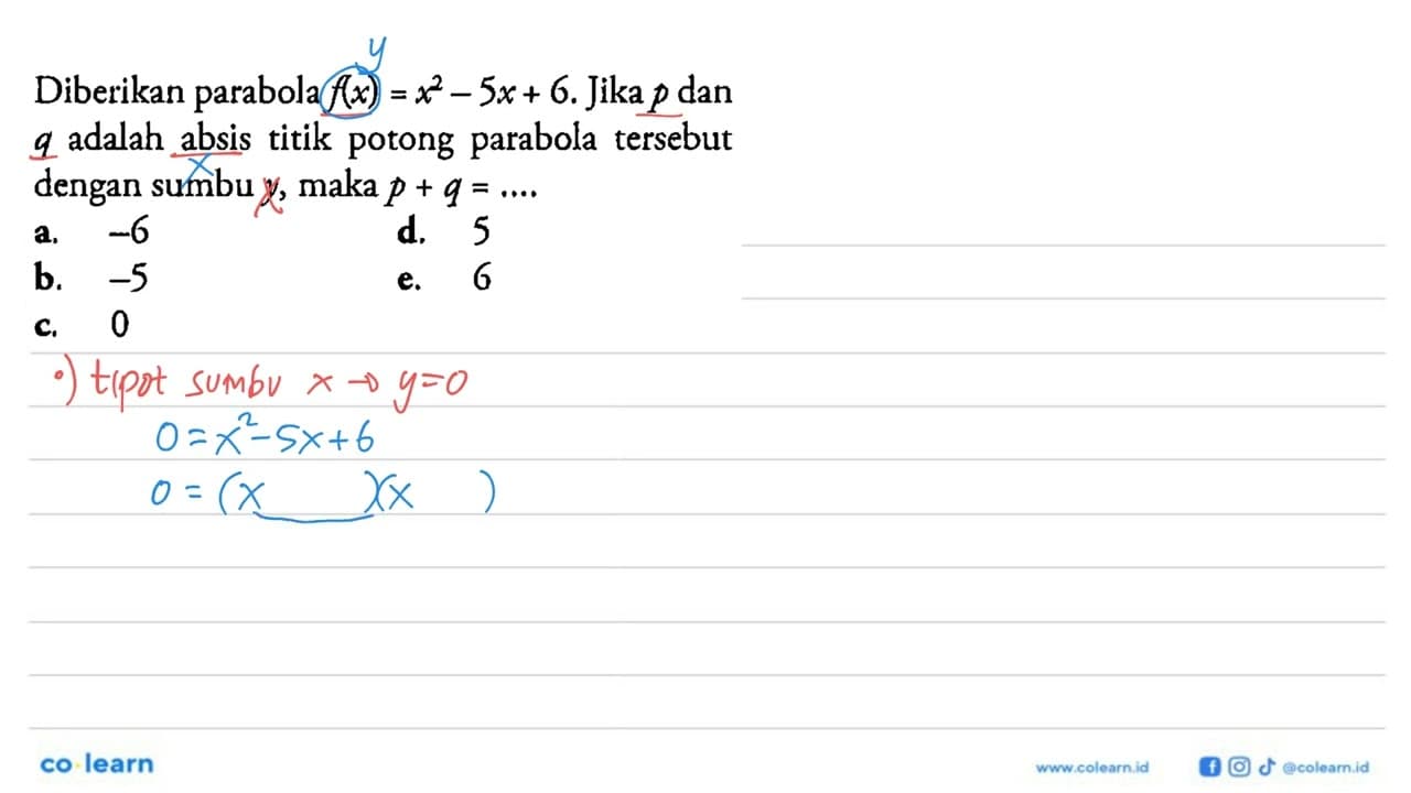 Diberikan parabola f(x)=x^2-5 x+6 . Jika p dan q adalah