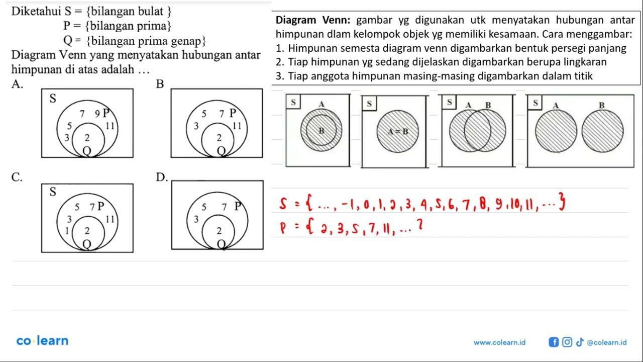 Diketahui S = {bilangan bulat} P = {bilangan prima} Q =