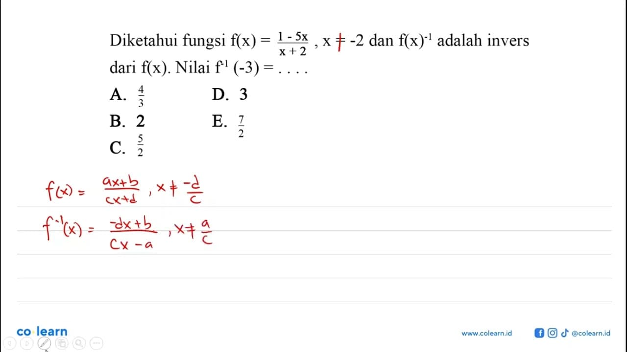 Diketahui fungsi f(x)=(1-5 x) /(x+2), x=-2 dan f(x)^-1