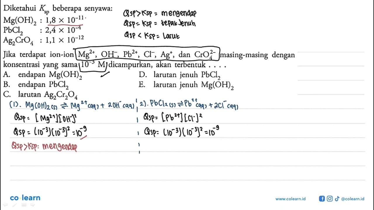 Diketahui Ksp beberapa senyawa:Mg(OH)2 : 1,8 x 10^-11 PbCl2