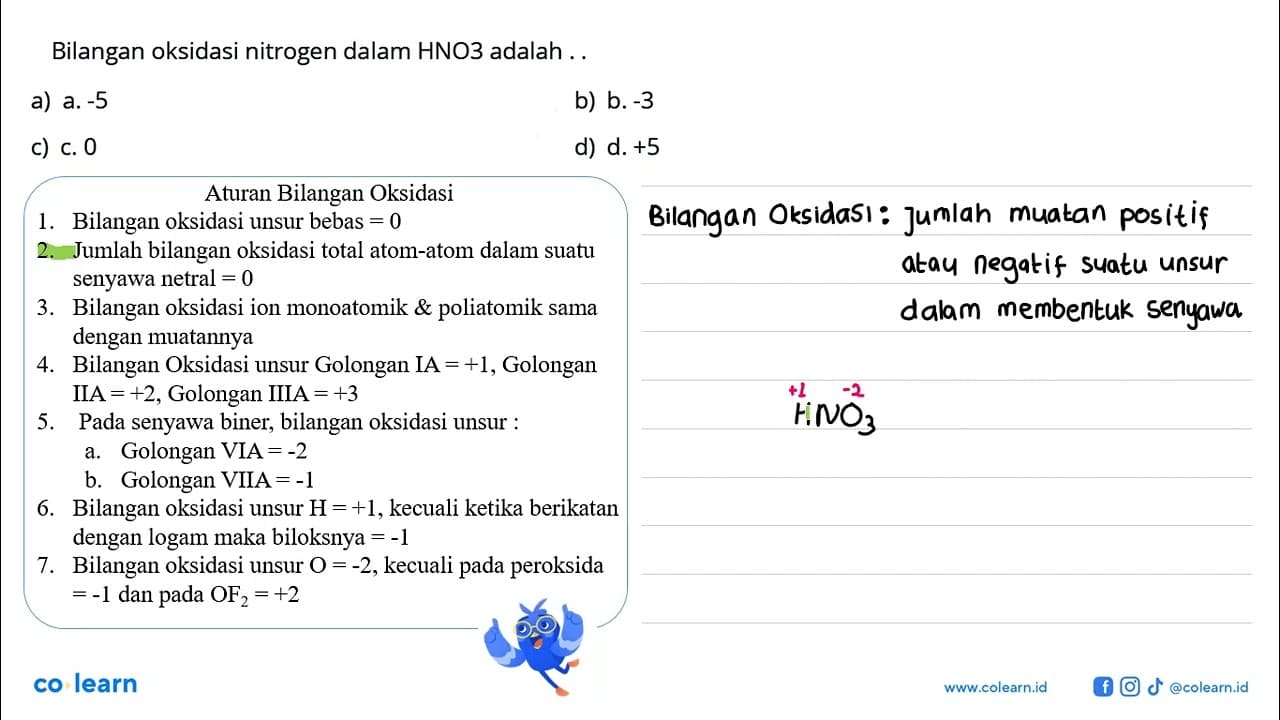 Bilangan oksidasi nitrogen dalam HNO3 adalah ..