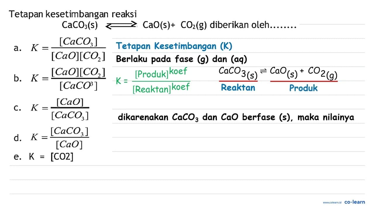 Tetapan kesetimbangan reaksi CaCO3(s) longleft<-->