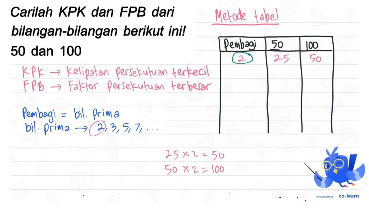 Carilah KPK dan FPB dari bilangan-bilangan berikut ini! 50