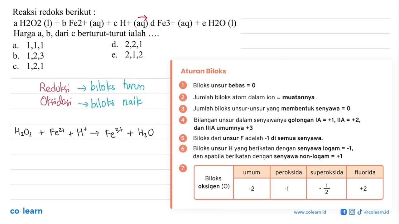 Reaksi redoks berikut a H2O2 (l) + b Fe2+ (aq) + c H+ (aq)