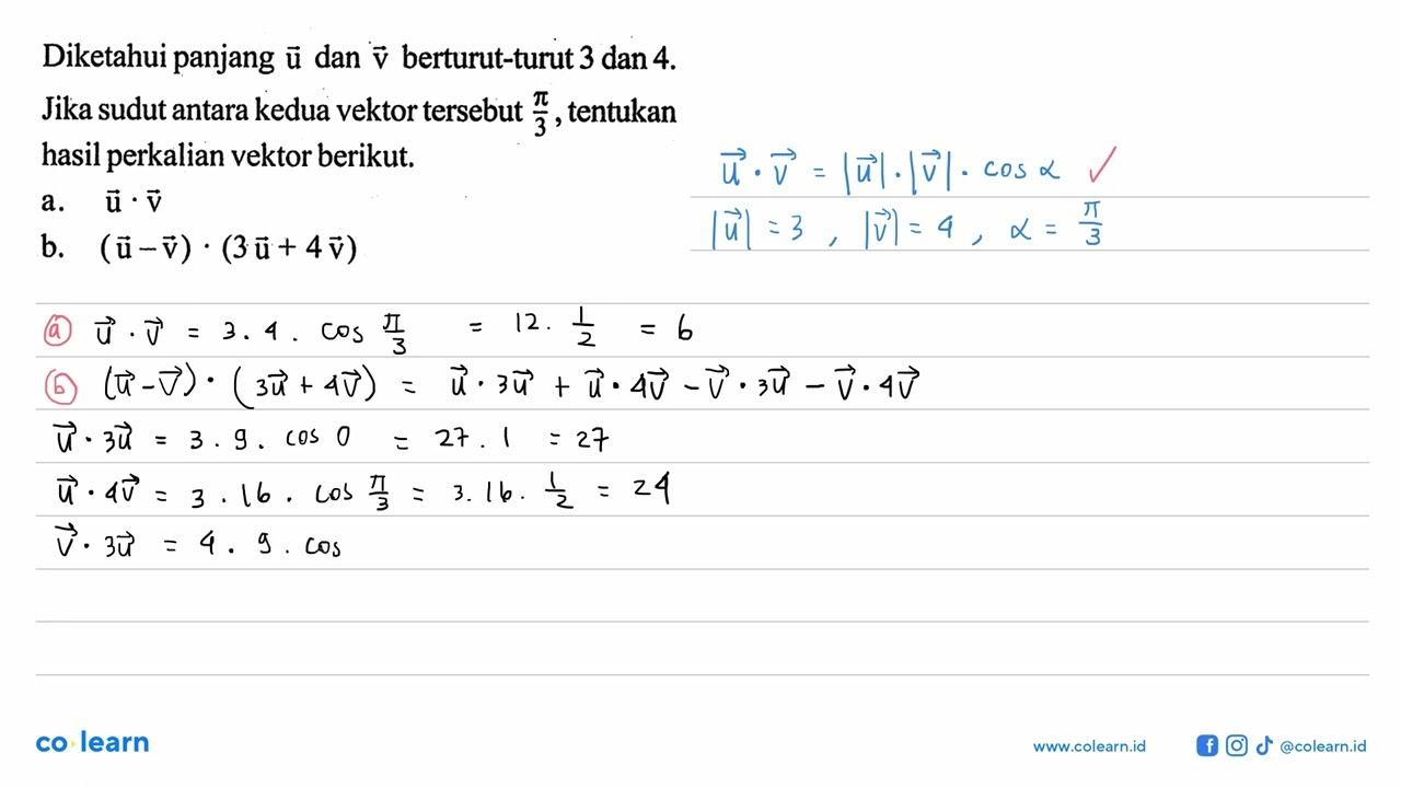 Diketahui panjang vektor u dan vektor v berturut-turut 3