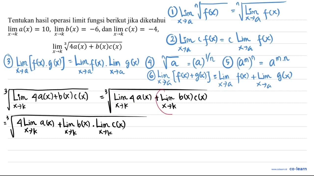 Tentukan hasil operasi limit fungsi berikut jika diketahui