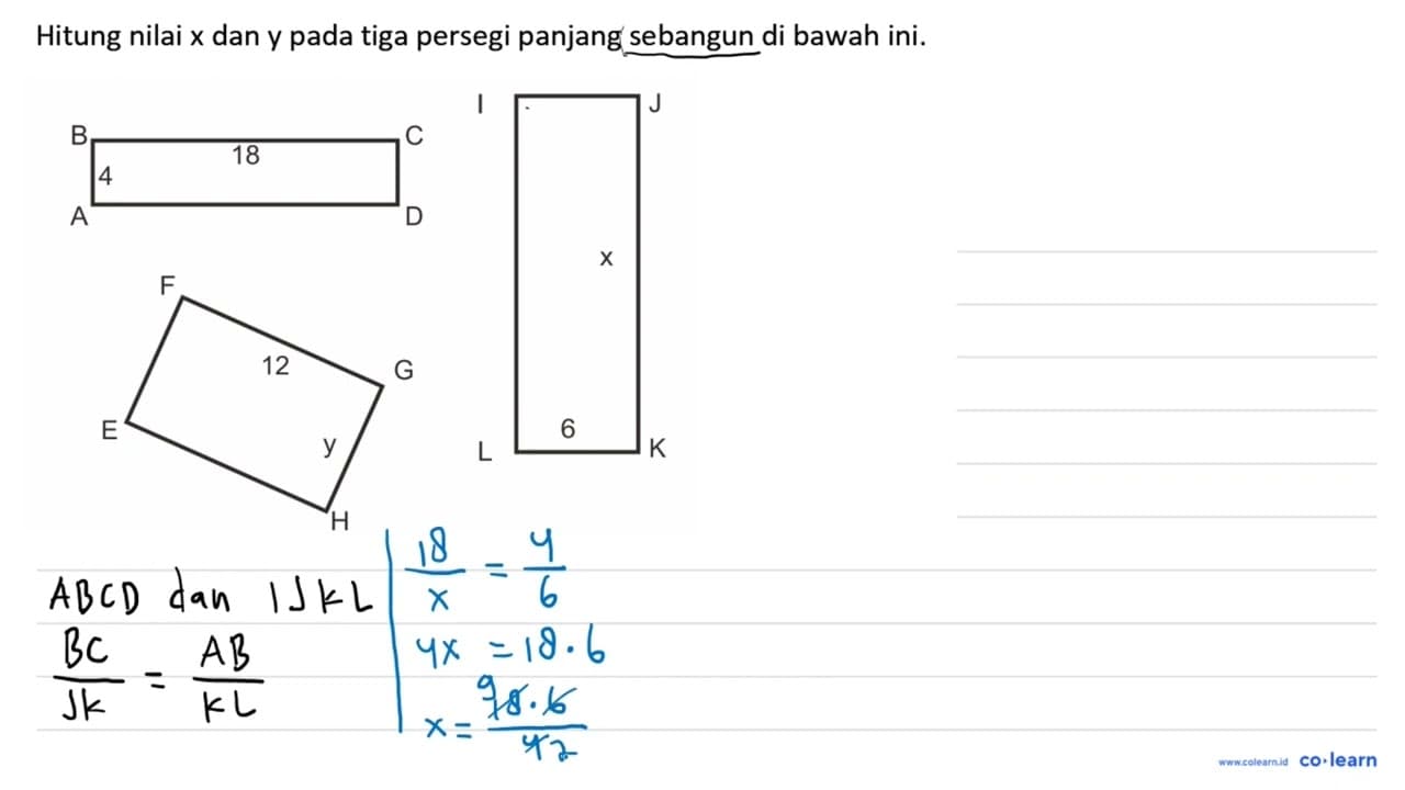 Hitung nilai x dan y pada tiga persegi panjang sebangun di