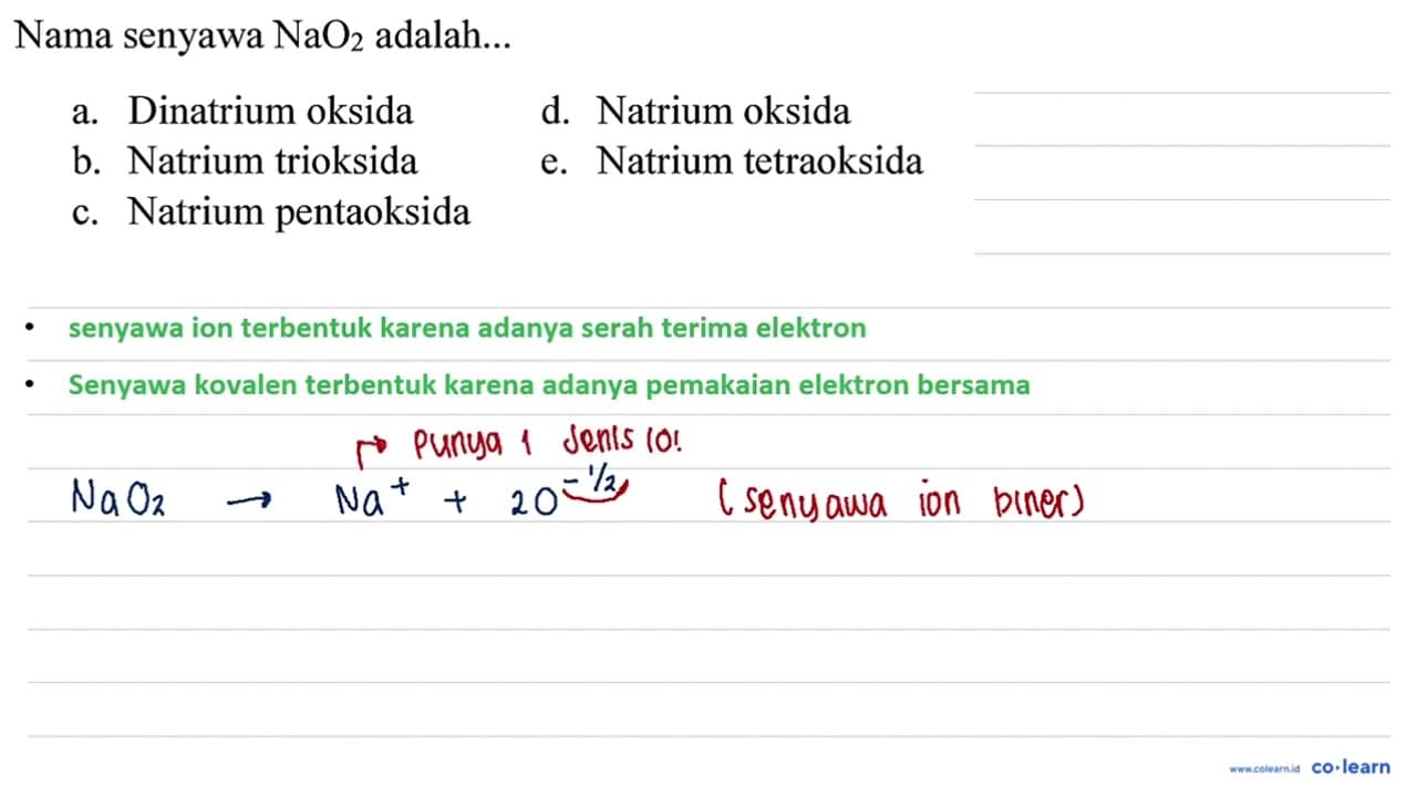 Nama senyawa NaO2 adalah... a. Dinatrium oksida d. Natrium