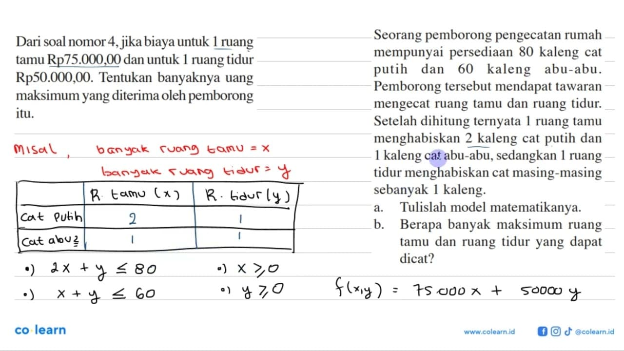 Dari soal nomor 4 , jika biaya untuk 1 ruang tamu