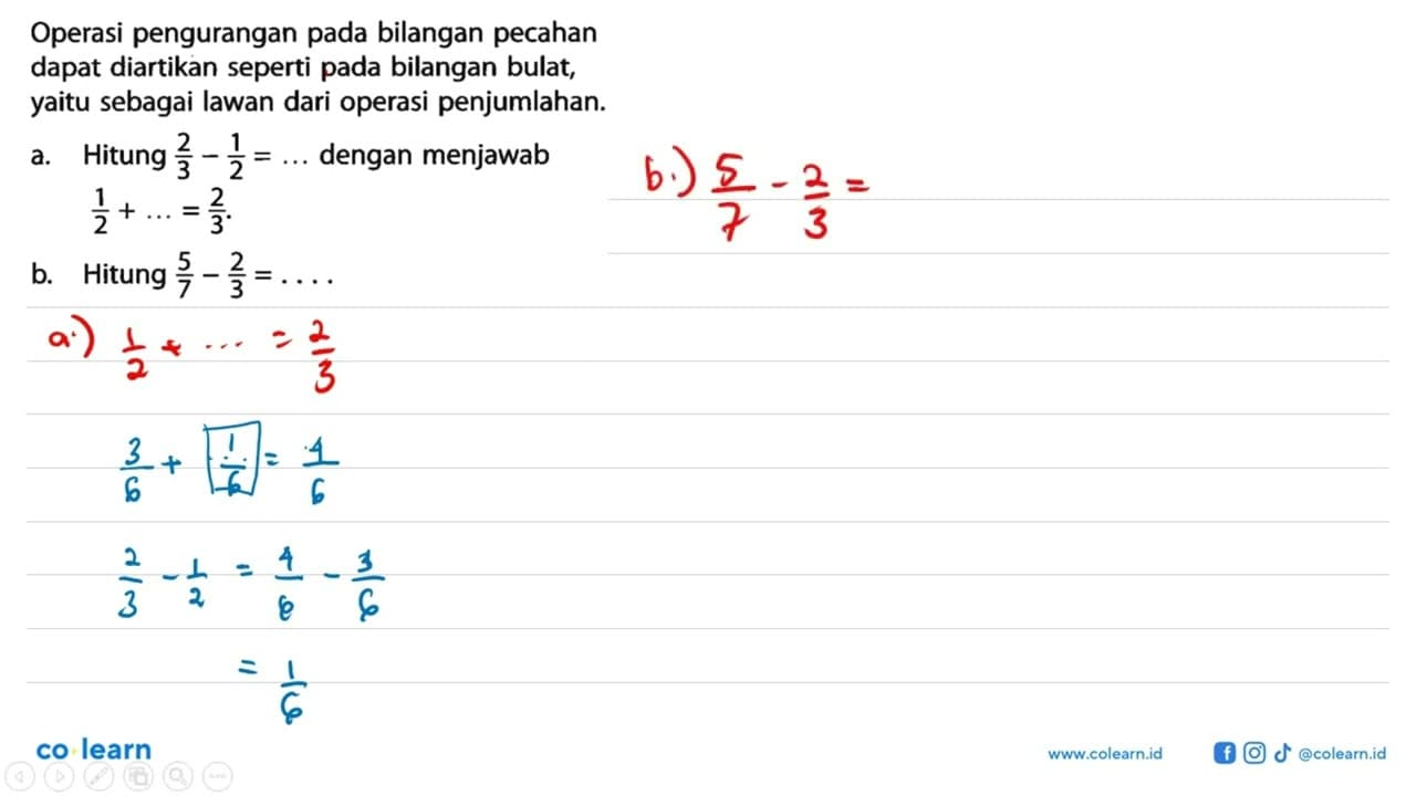 Operasi pengurangan pada bilangan pecahan dapat diartikan