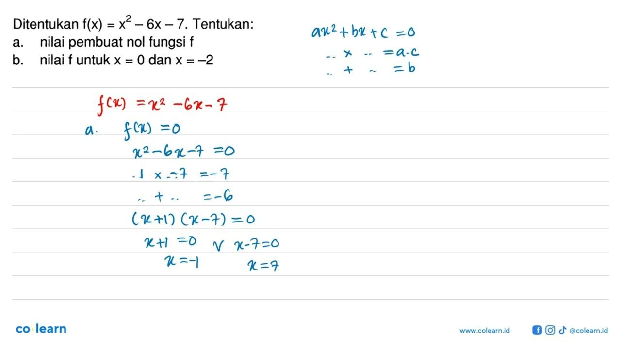 Ditentukan f(x)=x^2-6x-7. Tentukan: a. nilai pembuat nol