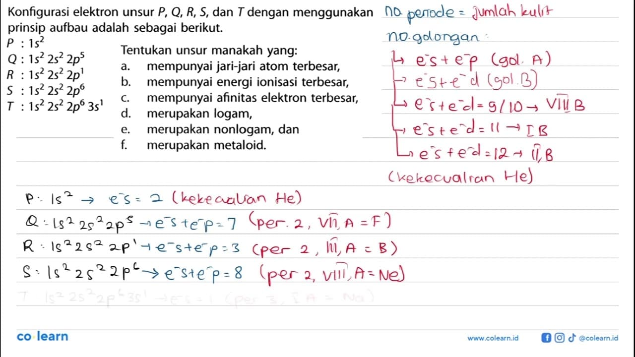 Konfigurasi elektron unsur P, Q, R, S, dan T dengan