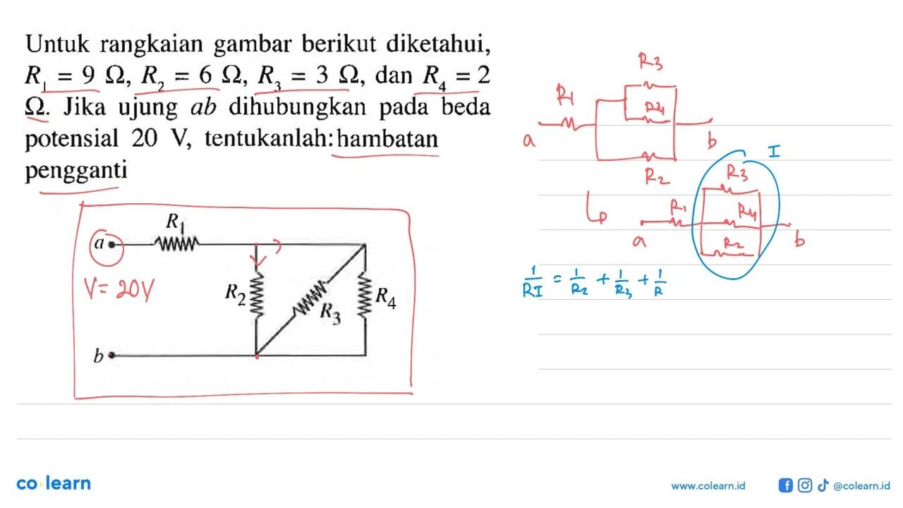 Untuk rangkaian gambar berikut diketahui, R1 = 9 ohm, R2 =