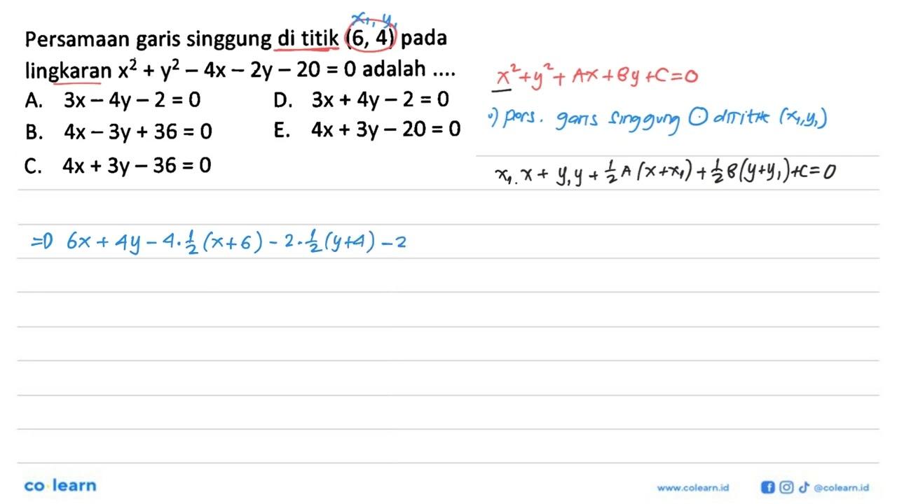 Persamaan garis singgung di titik (6,4) pada lingkaran