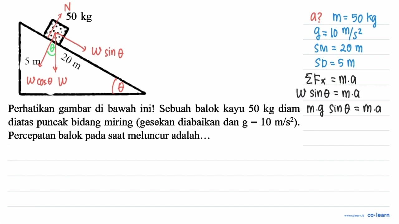 Perhatikan gambar di bawah ini! Sebuah balok kayu 50 kg