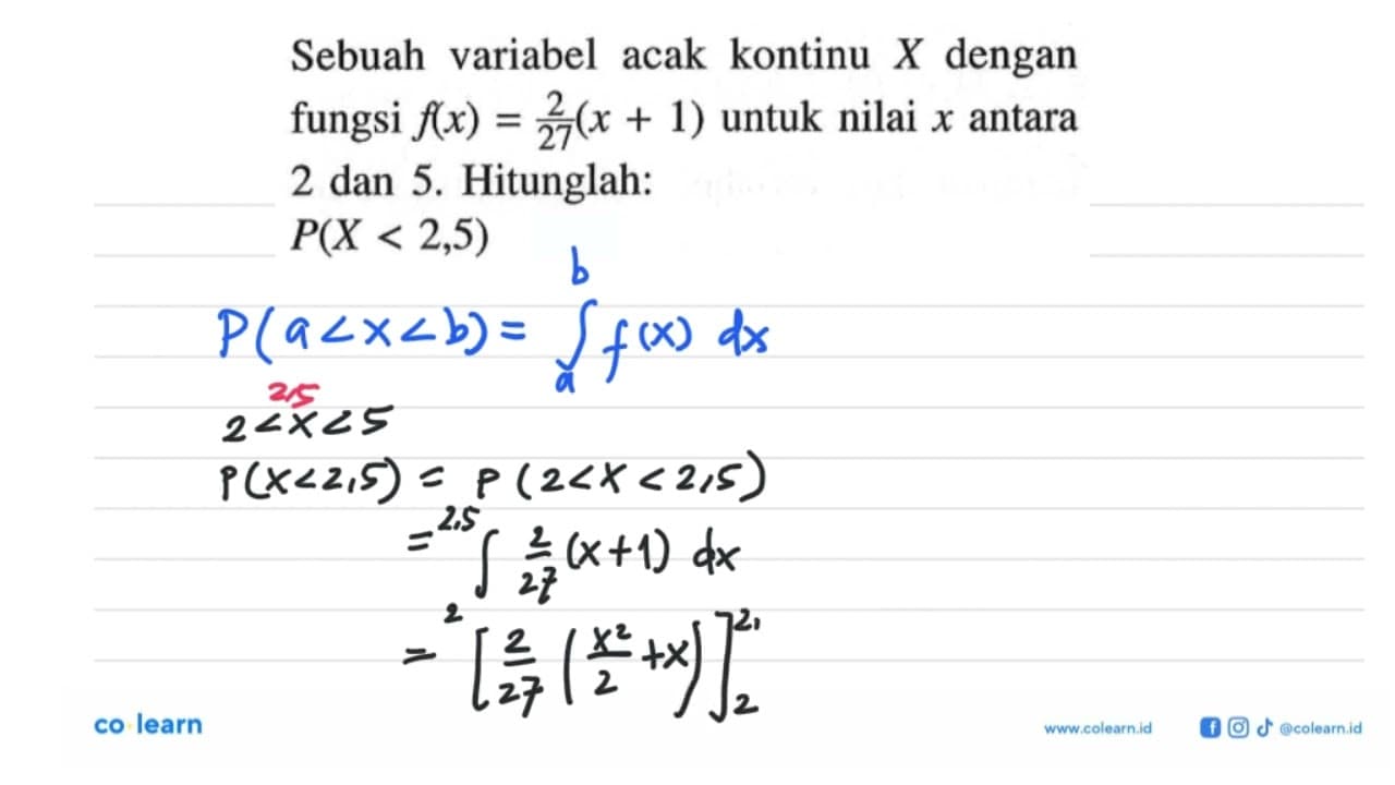 Sebuah variabel acak kontinu X dengan fungsi f(x)=2/27