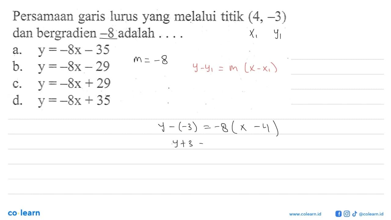 Persamaan garis lurus yang melalui titik (4,-3) dan