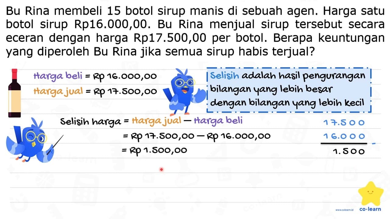 Bu Rina membeli 15 botol sirup manis di sebuah agen. Harga