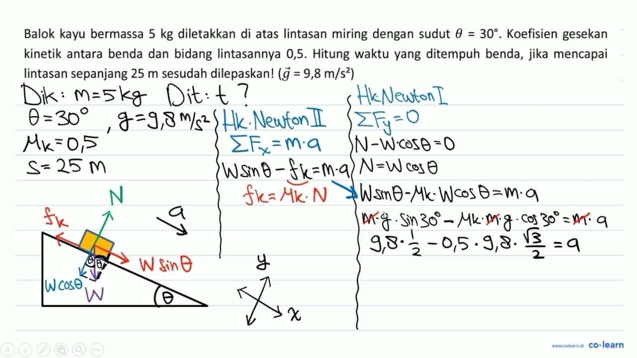 Balok kayu bermassa 5 kg diletakkan di atas lintasan miring