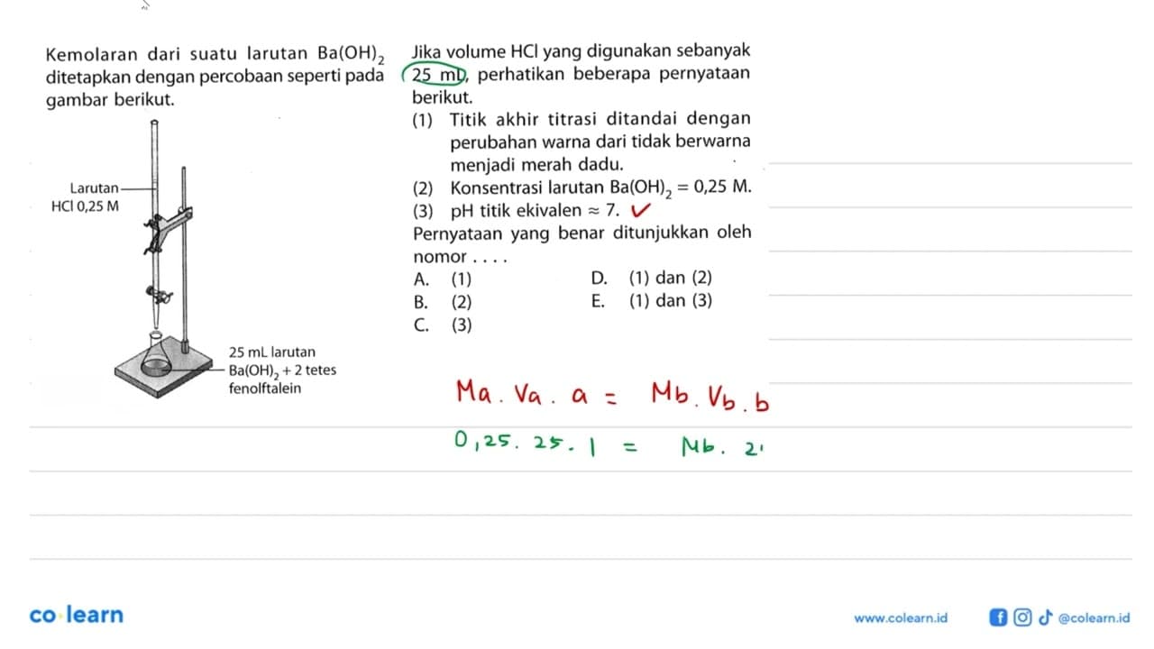 Kemolaran dari suatu larutan Ba(OH)2 ditetapkan dengan