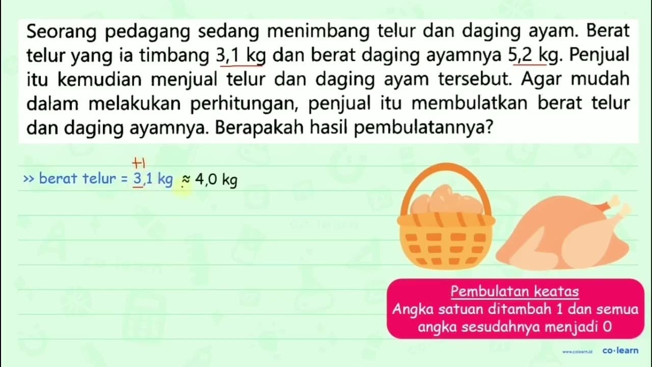 Seorang pedagang sedang menimbang telur dan daging ayam.