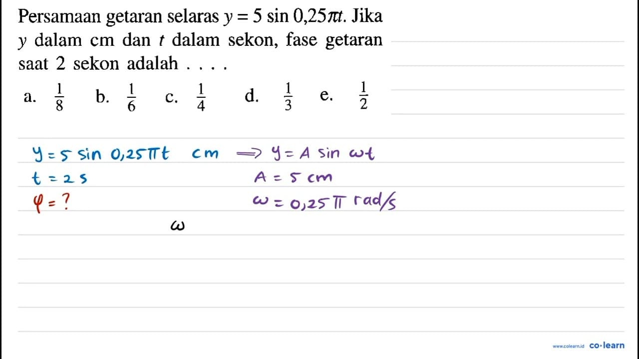 Persamaan getaran selaras y=5 sin 0,25 pi t . Jika y dalam