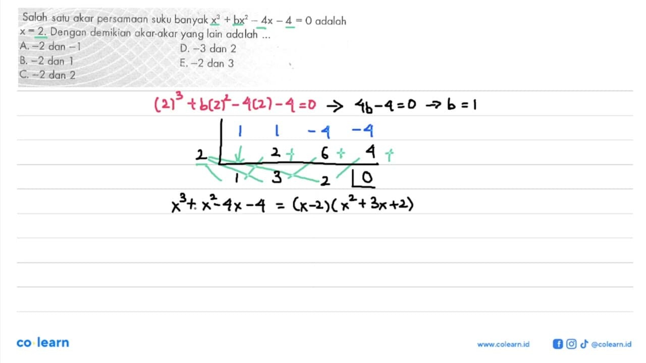 Salah satu akar persamaan suku banyak x^3+bx^2-4x-4=0