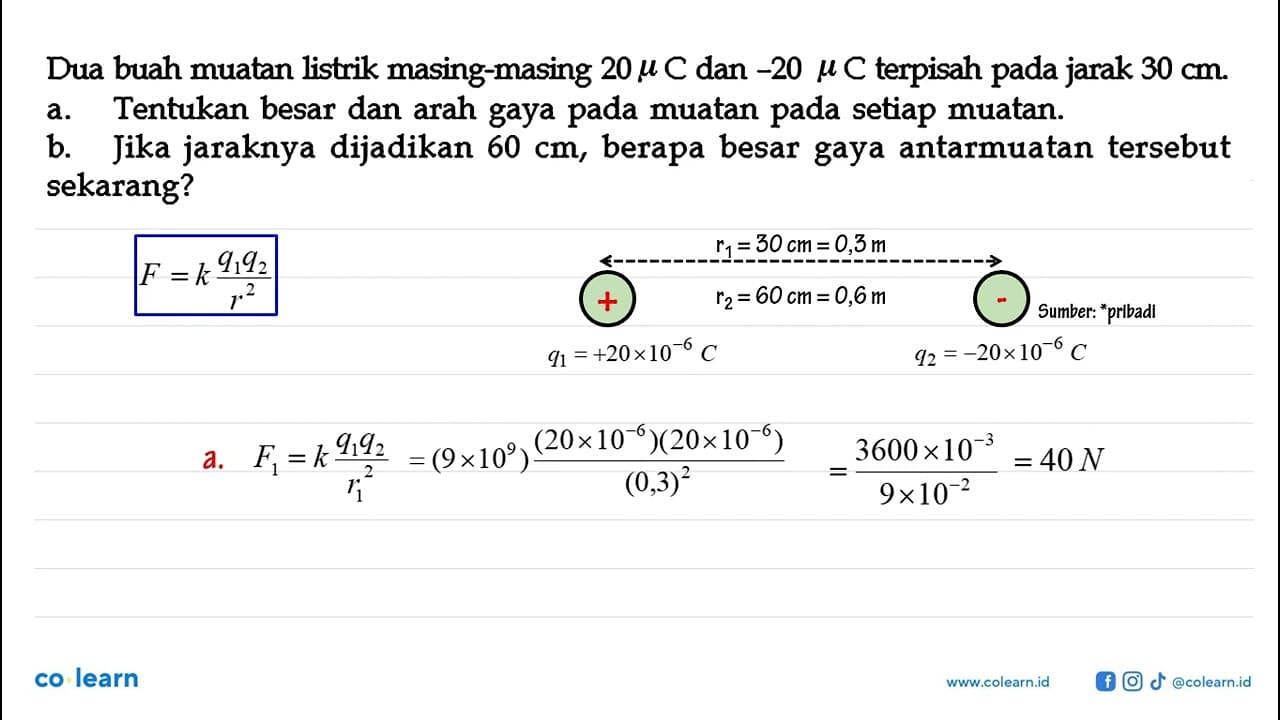 Dua buah muatan listrik masing-masing 20 muC dan -20 muC