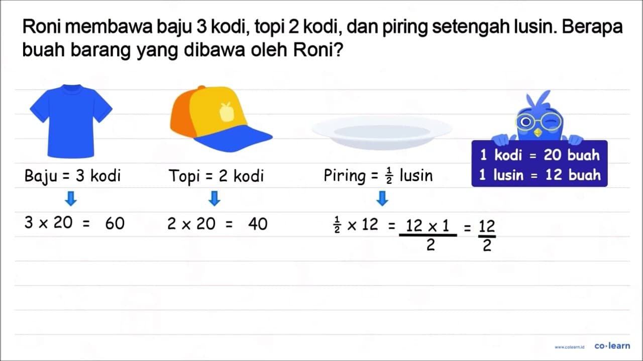 Roni membawa baju 3 kodi, topi 2 kodi, dan piring setengah