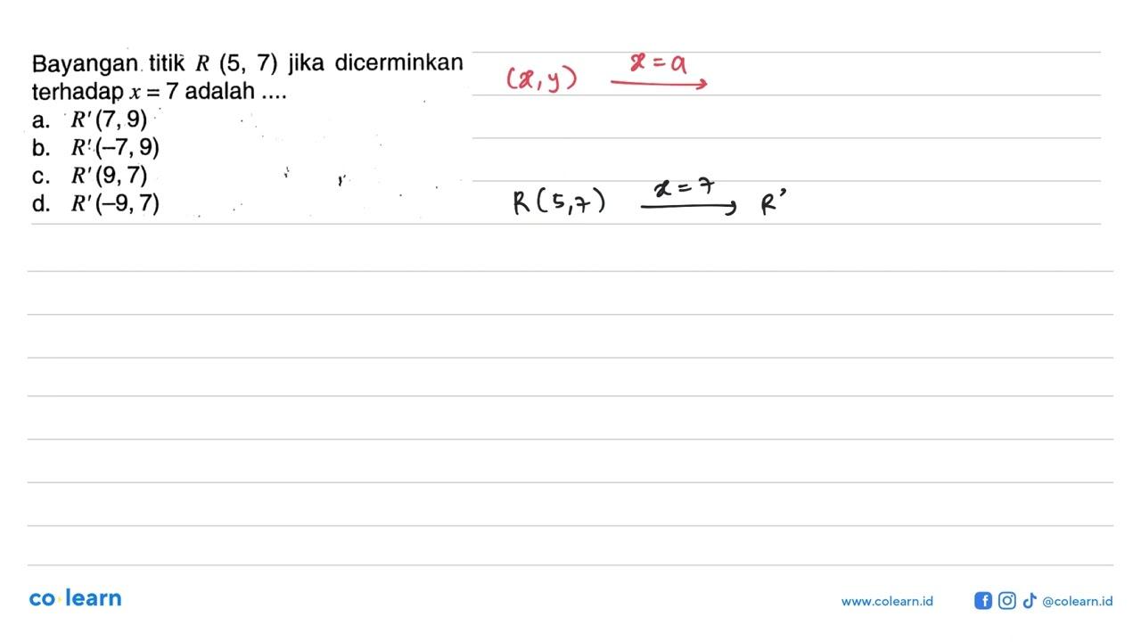 Bayangan titik R(5,7) jika dicerminkan terhadap x=7 adalah