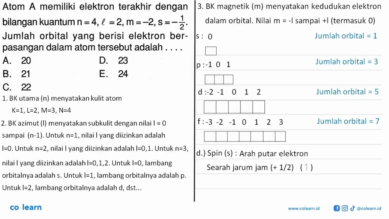 Atom A memiliki elektron terakhir dengan bilangan kuantum