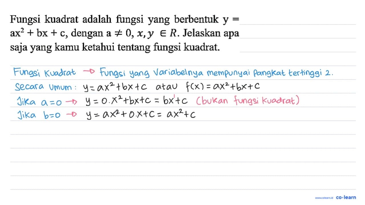 Fungsi kuadrat adalah fungsi yang berbentuk y= a x^(2)+b