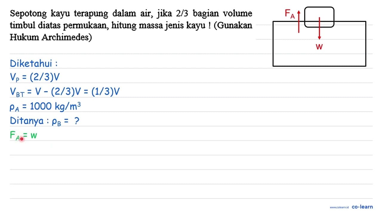 Sepotong kayu terapung dalam air, jika 2/3 bagian volume