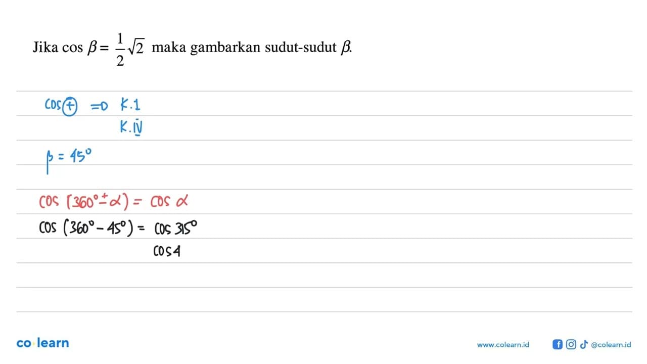 Jika cos B=1/2 akar(2) maka gambarkan sudut-sudut beta.