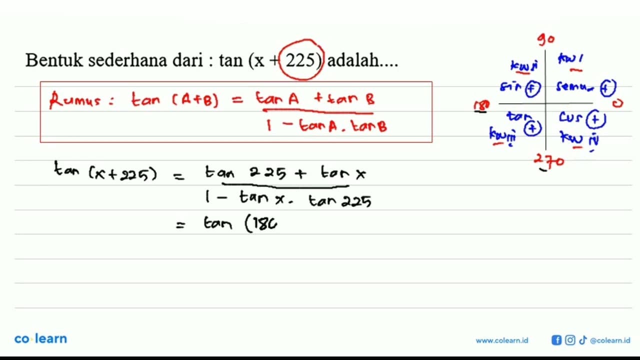 Bentuk sederhana dari : tan(x+225) adalah....