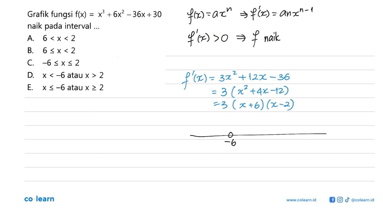 Grafik fungsi f(x)=x^3+6x^2-36x+30 naik pada interval ...