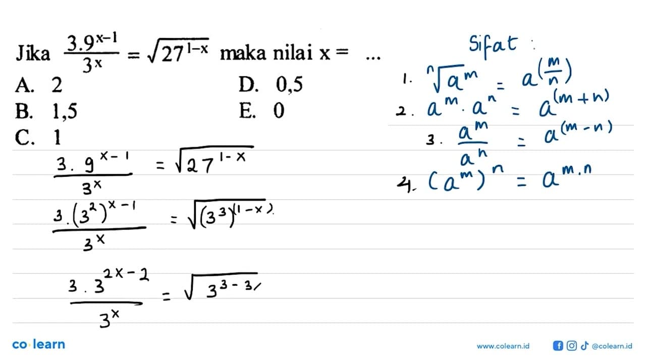 Jika 3.9^(x-1)/3^x=27^((1-x)/2) maka nilai x= ...