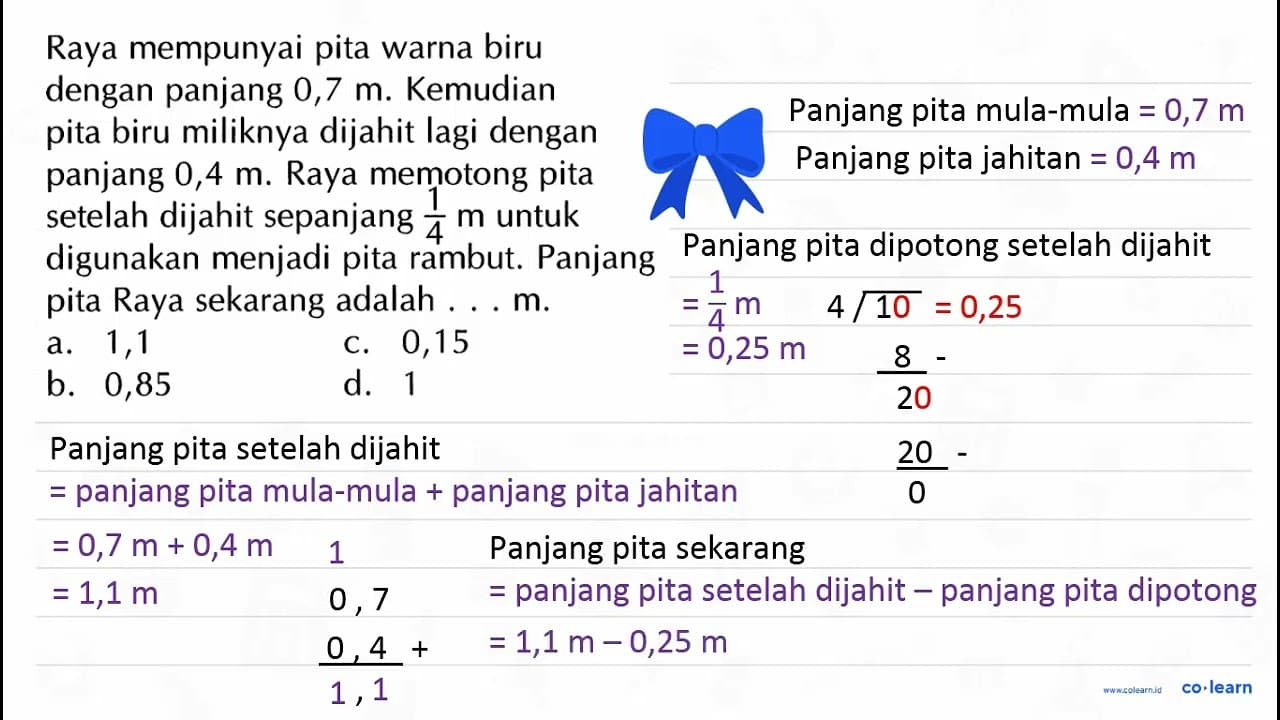 Raya mempunyai pita warna biru dengan panjang 0,7 m.