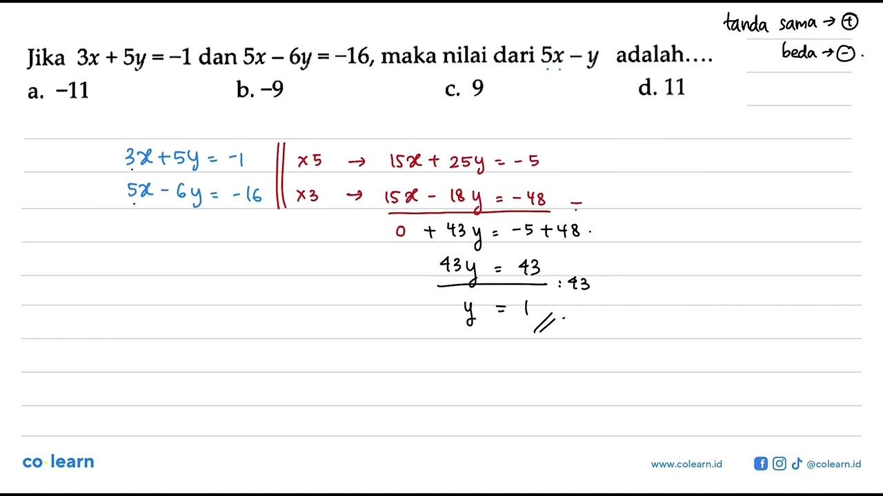 Jika 3x + 5y = -1 dan 5x - 6y = -16, maka nilai dari 5x -y