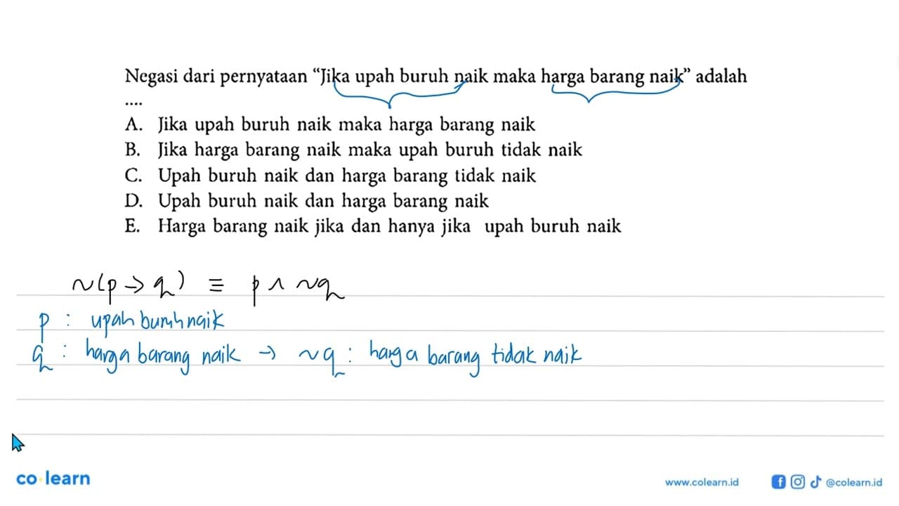 Negasi dari pernyataan 'Jika upah buruh naik maka harga