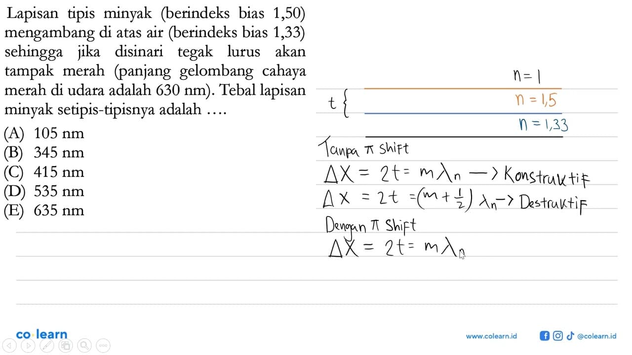 Lapisan tipis minyak (berindeks bias 1,50) mengambang di