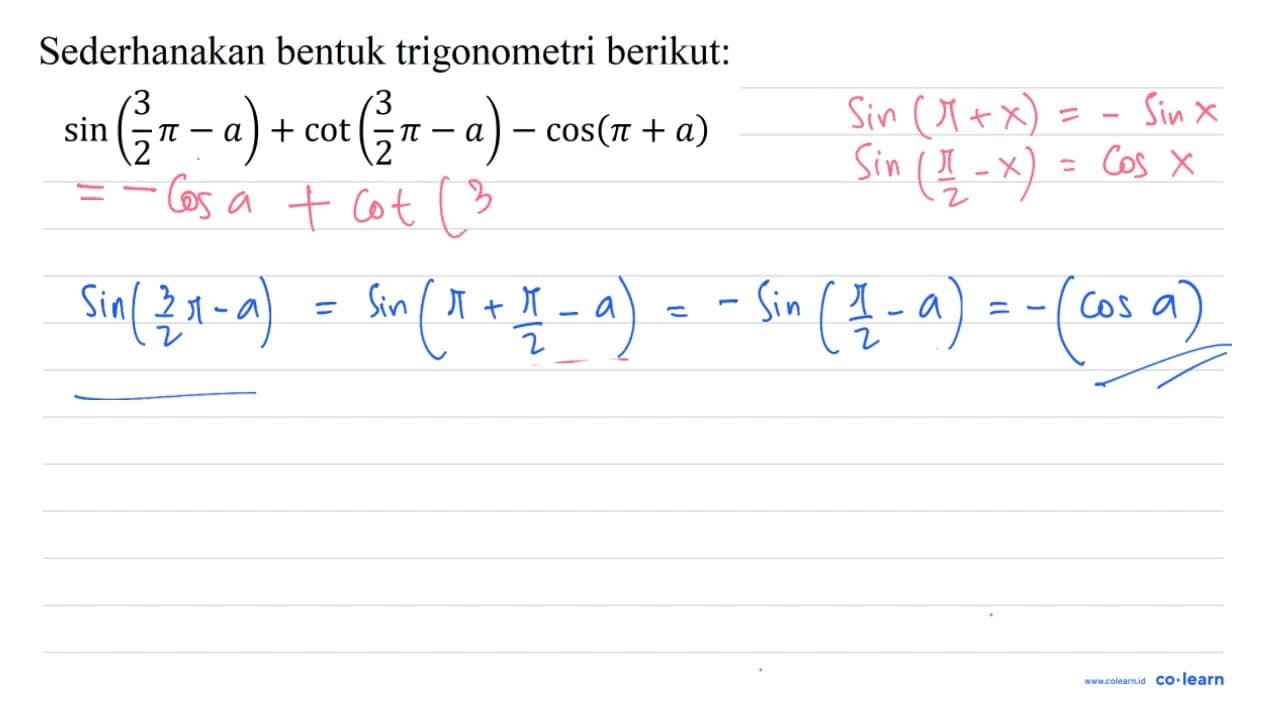 Sederhanakan bentuk trigonometri berikut: sin ((3)/(2)