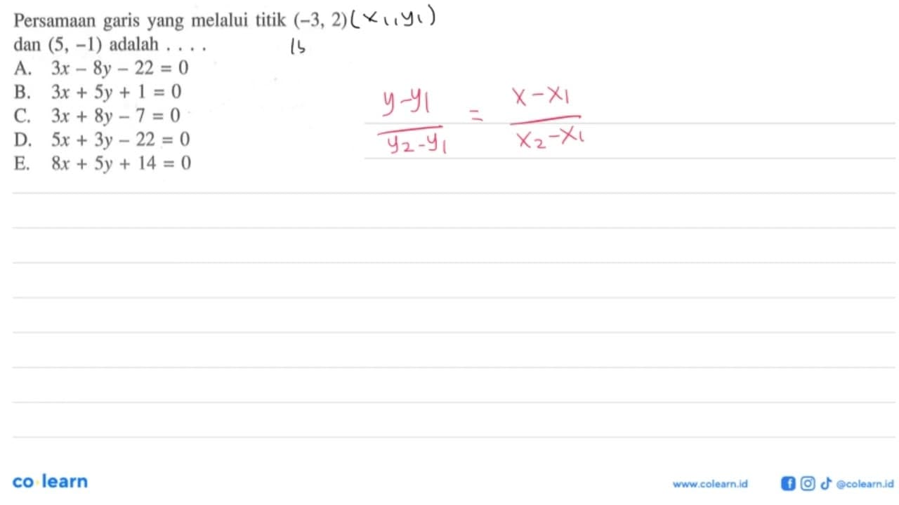 Persamaan garis yang melalui titik (-3, 2) dan (5, -1)